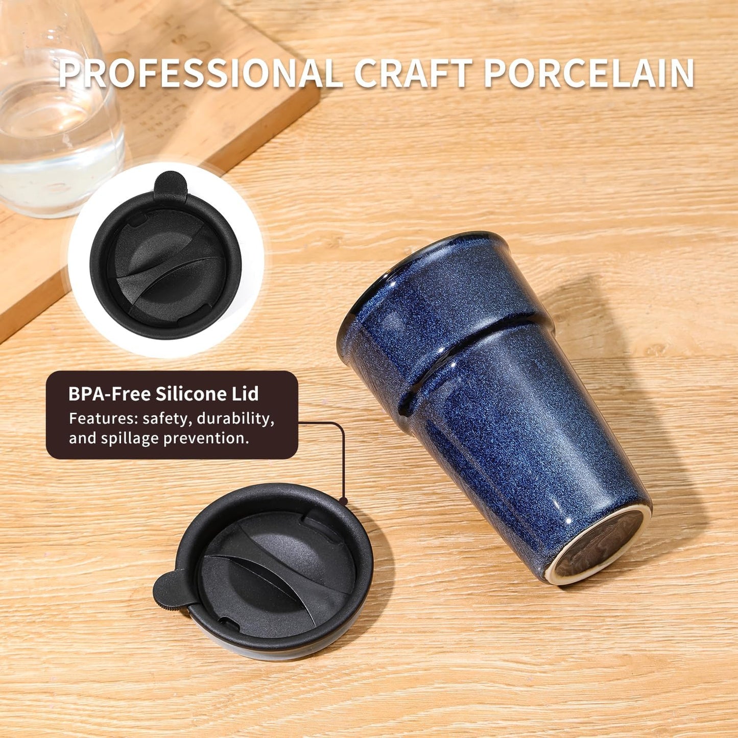 Travel Coffee Mug with Lid, Insulated Reusable Tall Cup, Portable Easy Carrying Coffee Mug for Car Cup Holders, Dishwasher Safe, 12oz, Reactive Glaze (Blue)