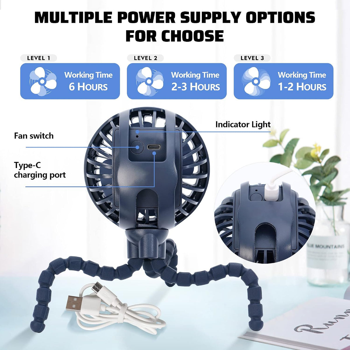 LAT Stroller Fan Flexible Tripod Clip On Fan,Portable Fan Car Seat Baby Fan with Flexible Tripod (Navy Blue)