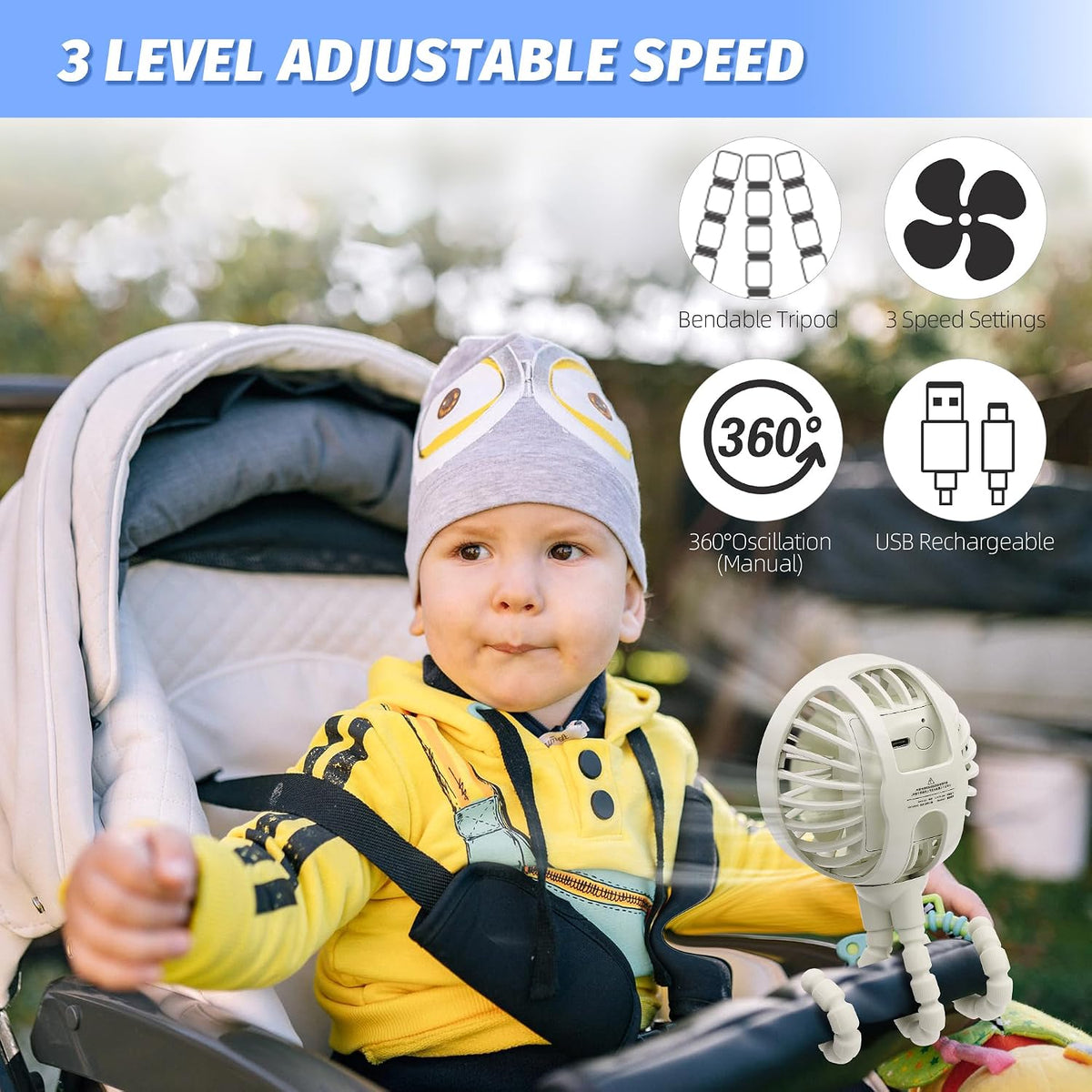 LAT Stroller Fan Flexible Tripod Clip On Fan,Portable Fan Car Seat Baby Fan with Flexible Tripod (Navy Blue)