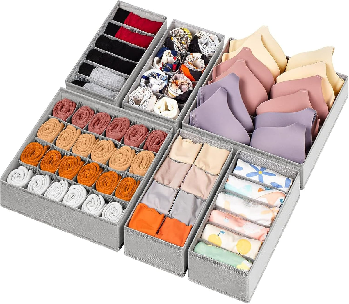 6 Pack Fabric Drawer Organizer/Divider Set for Clothing, Socks, Underwear, Bra, Baby Clothes, Bathroom Storage Solutions, Junk Drawer Reset Organizer