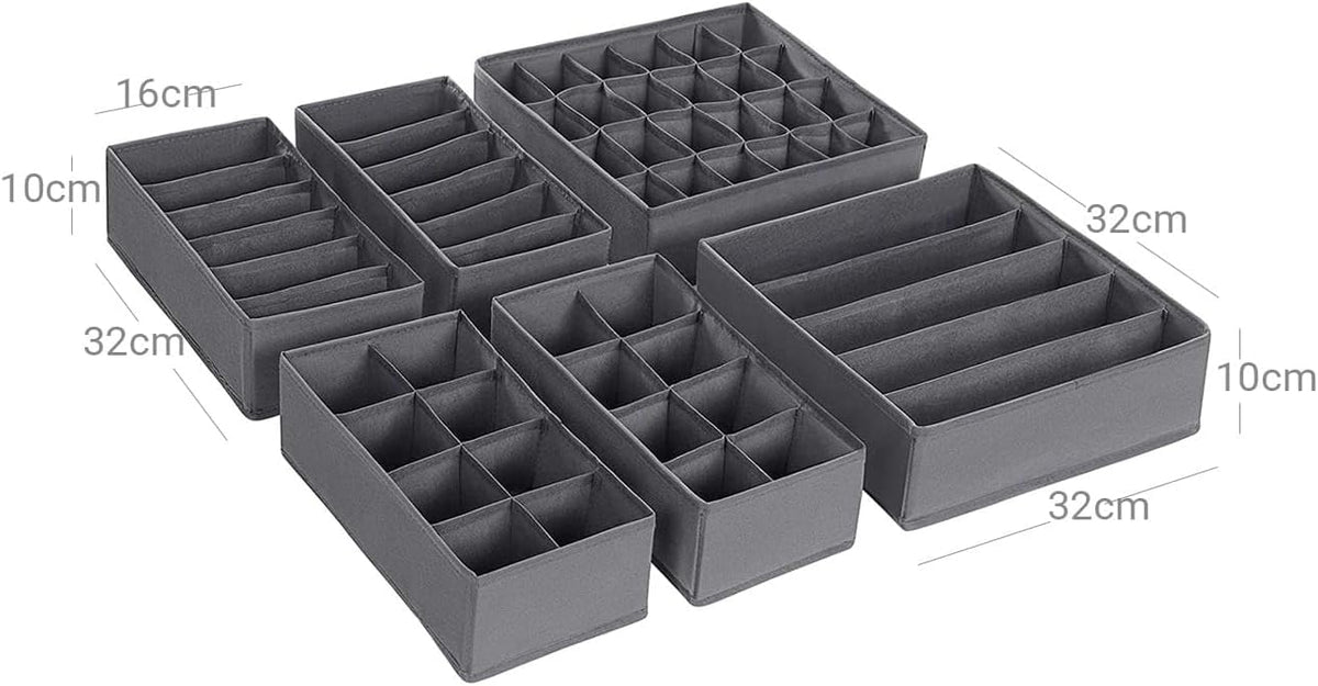 6 Pack Fabric Drawer Organizer/Divider Set for Clothing, Socks, Underwear, Bra, Baby Clothes, Bathroom Storage Solutions, Junk Drawer Reset Organizer