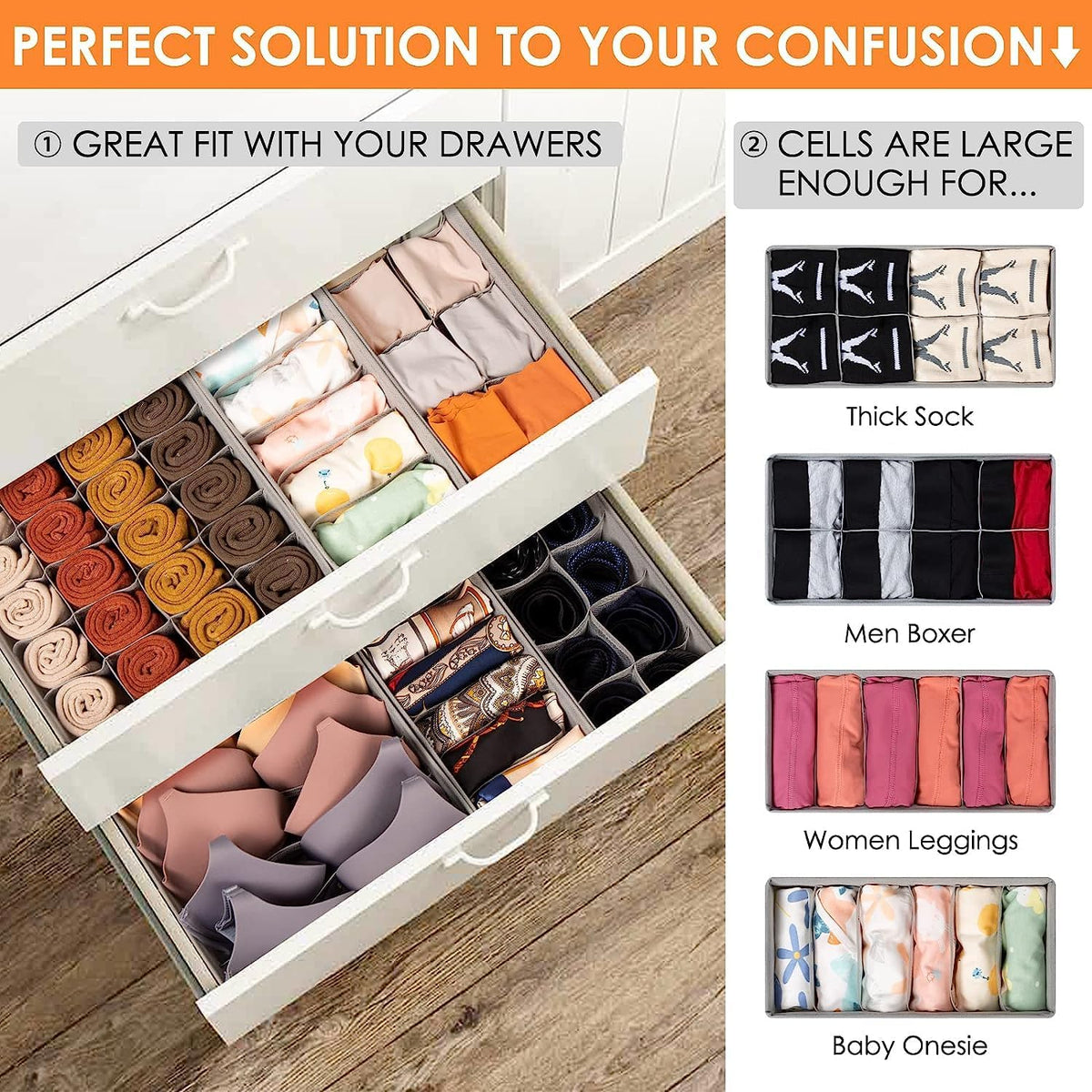 6 Pack Fabric Drawer Organizer/Divider Set for Clothing, Socks, Underwear, Bra, Baby Clothes, Bathroom Storage Solutions, Junk Drawer Reset Organizer