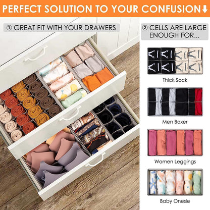 6 Pack Fabric Drawer Organizer/Divider Set for Clothing, Socks, Underwear, Bra, Baby Clothes, Bathroom Storage Solutions, Junk Drawer Reset Organizer