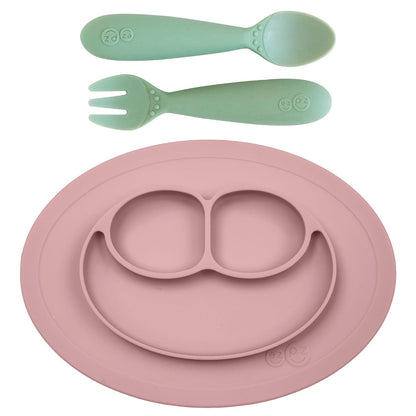 Mini Mat (Blush) + Mini Utensils (Fork & Spoon in Sage) - Toddler essentials mat and spoon