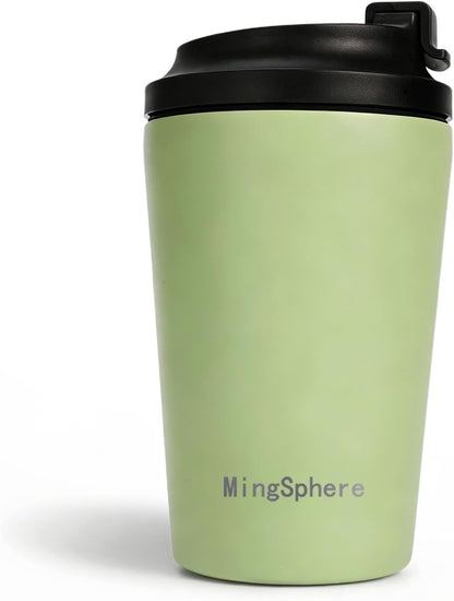 12oz Stainless Steel Insulated Coffee Mug with Lid, Olive Green | Flip lid&extended Spout for Smooth Flow. Wide Mouth for Ice Fill & Cleaning. Cupholder Friendly for Commute Travel Daily Use