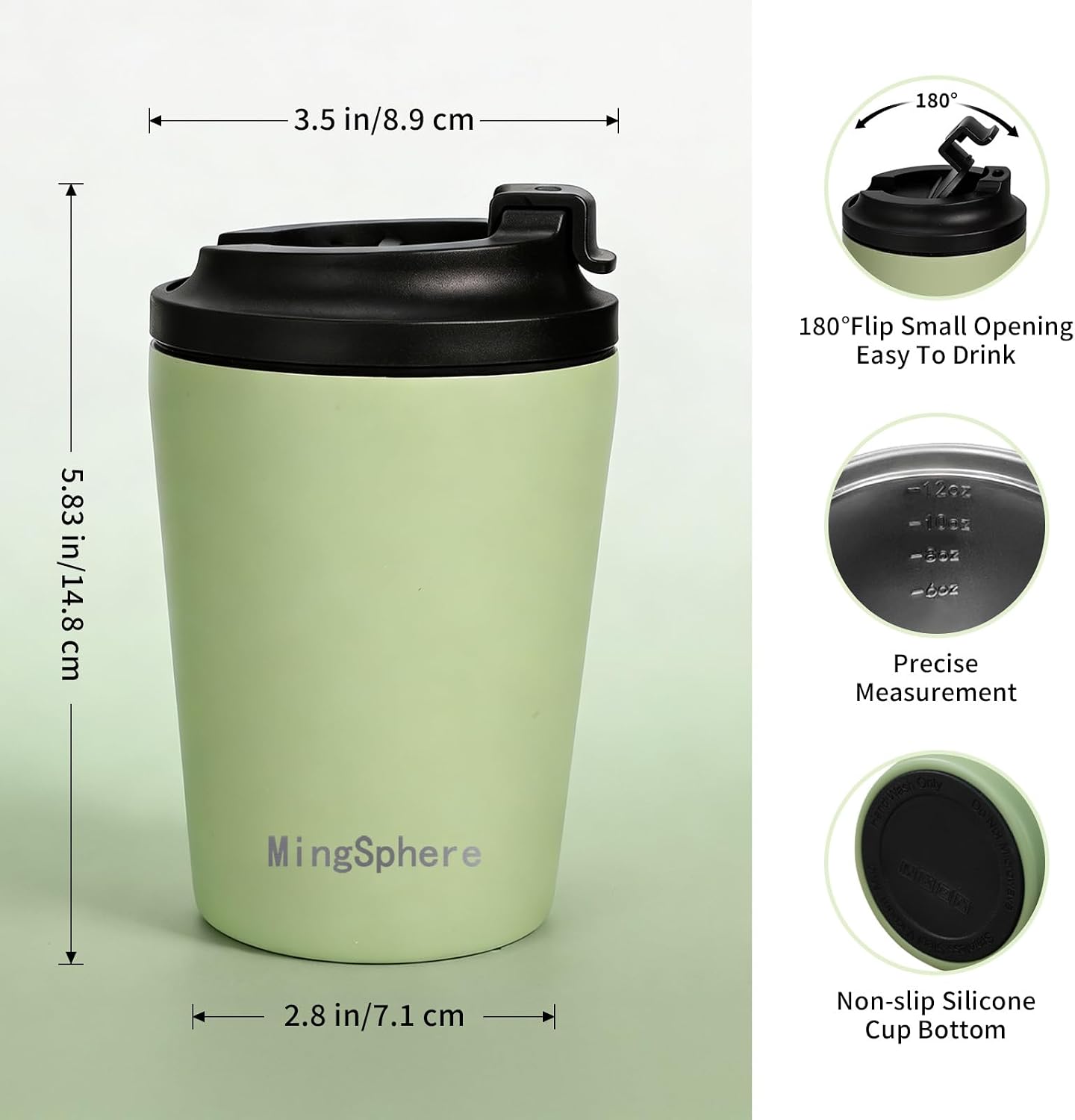 12oz Stainless Steel Insulated Coffee Mug with Lid, Olive Green | Flip lid&extended Spout for Smooth Flow. Wide Mouth for Ice Fill & Cleaning. Cupholder Friendly for Commute Travel Daily Use