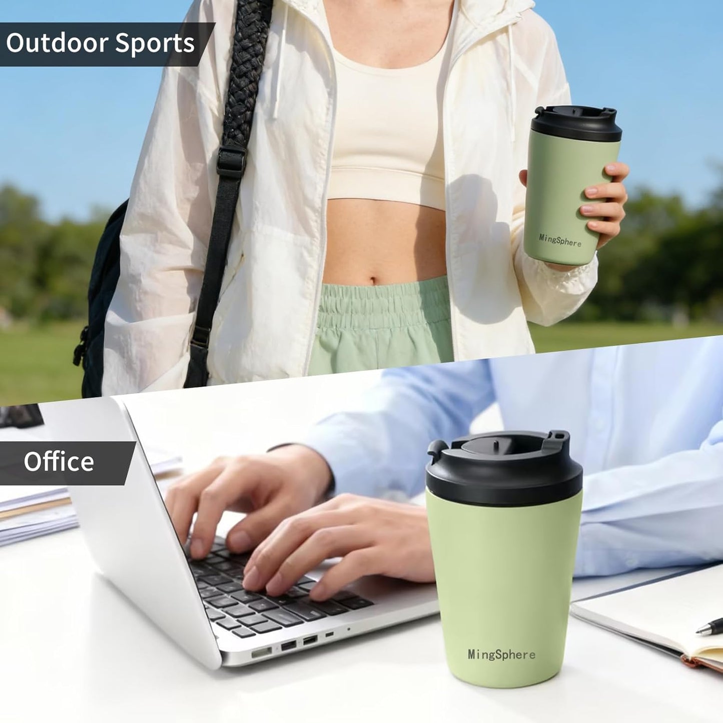 12oz Stainless Steel Insulated Coffee Mug with Lid, Olive Green | Flip lid&extended Spout for Smooth Flow. Wide Mouth for Ice Fill & Cleaning. Cupholder Friendly for Commute Travel Daily Use