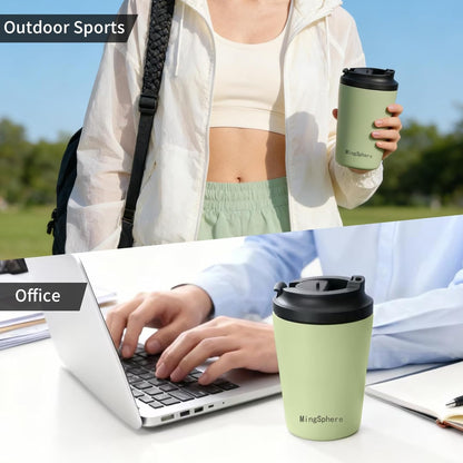 12oz Stainless Steel Insulated Coffee Mug with Lid, Olive Green | Flip lid&extended Spout for Smooth Flow. Wide Mouth for Ice Fill & Cleaning. Cupholder Friendly for Commute Travel Daily Use