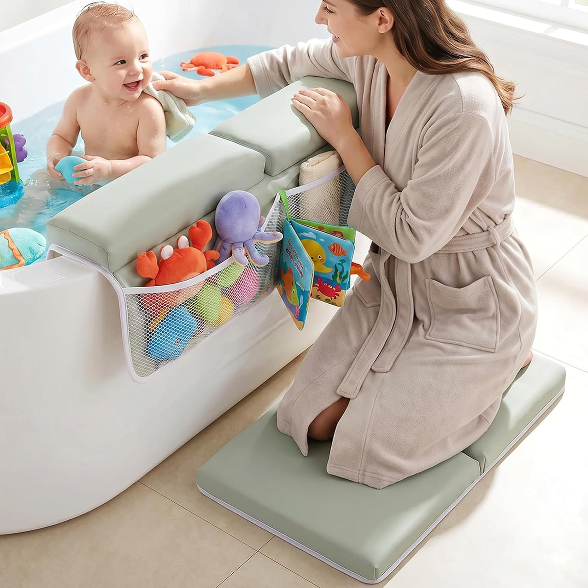 Baby Bath Kneeler and Elbow Rest Pad Set, Extra Large Memory Foam Kneeling Pad with 4 Toy Storage Pockets, Non-Slip Foam Mat with Suction Cups, Relief for Aching Knees & Elbows - Grey