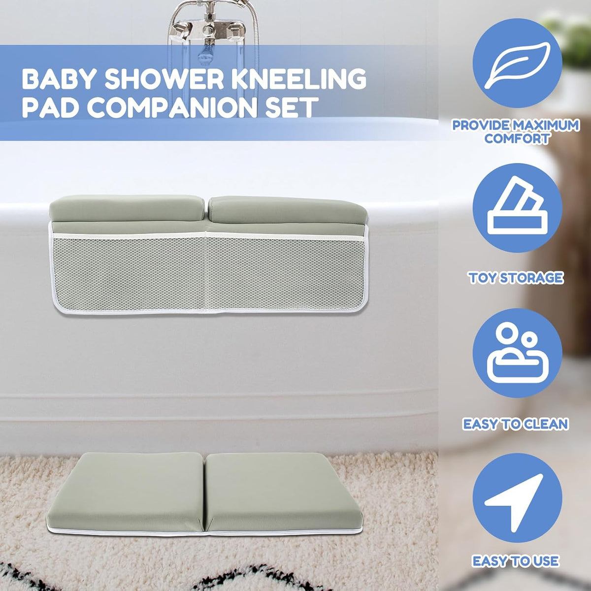 Baby Bath Kneeler and Elbow Rest Pad Set, Extra Large Memory Foam Kneeling Pad with 4 Toy Storage Pockets, Non-Slip Foam Mat with Suction Cups, Relief for Aching Knees & Elbows - Grey