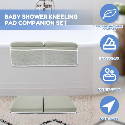 Baby Bath Kneeler and Elbow Rest Pad Set, Extra Large Memory Foam Kneeling Pad with 4 Toy Storage Pockets, Non-Slip Foam Mat with Suction Cups, Relief for Aching Knees & Elbows - Grey