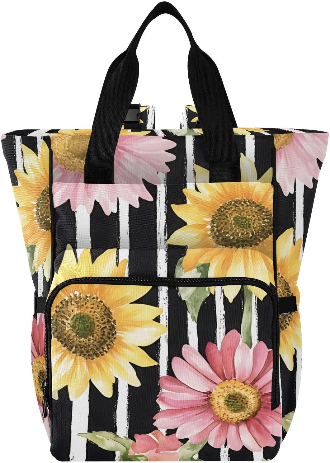 Diaper Bag Backpack, Multifunction Travel Bag for Moms Dads, Baby Changing Bag with Insulted Pockets, Stroller Straps and Side Bottle Pockets Floral Stripe Pattern