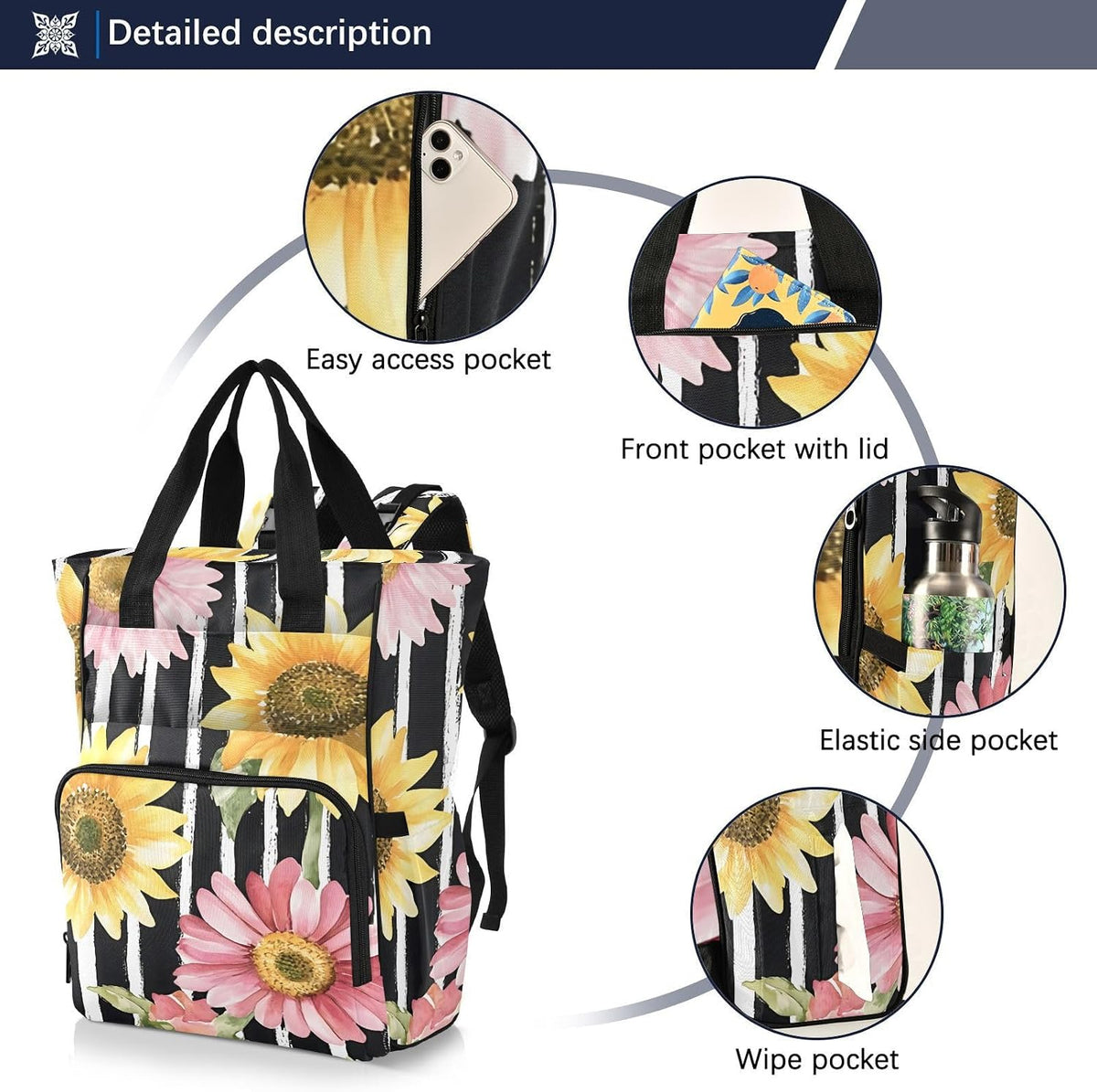 Diaper Bag Backpack, Multifunction Travel Bag for Moms Dads, Baby Changing Bag with Insulted Pockets, Stroller Straps and Side Bottle Pockets Floral Stripe Pattern