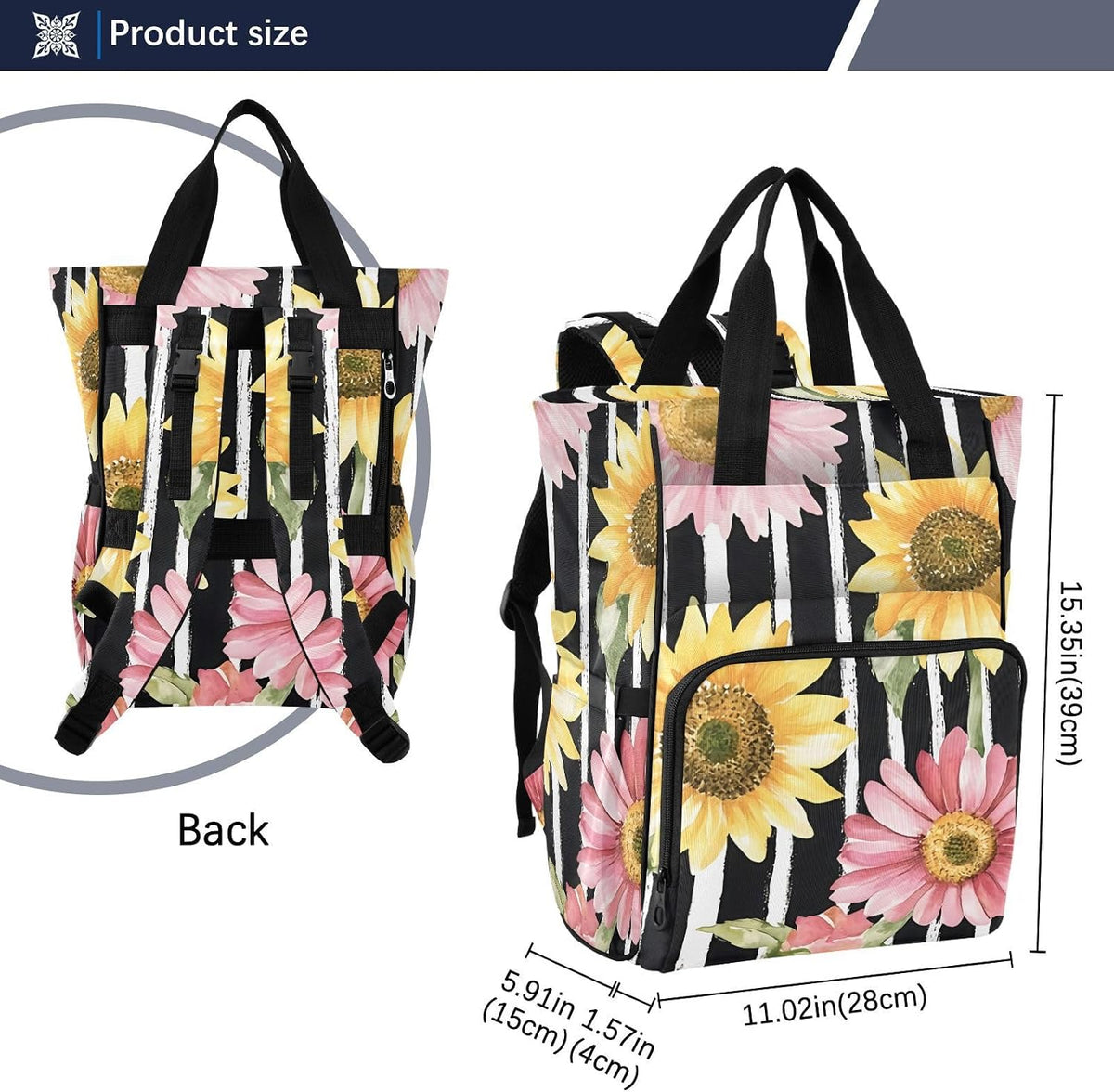 Diaper Bag Backpack, Multifunction Travel Bag for Moms Dads, Baby Changing Bag with Insulted Pockets, Stroller Straps and Side Bottle Pockets Floral Stripe Pattern