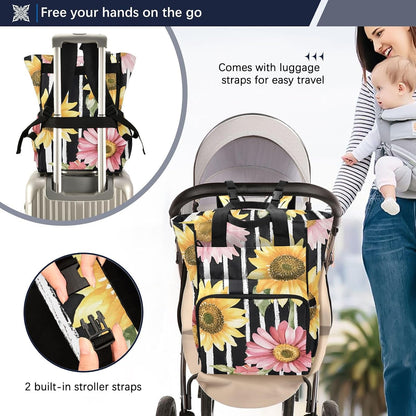 Diaper Bag Backpack, Multifunction Travel Bag for Moms Dads, Baby Changing Bag with Insulted Pockets, Stroller Straps and Side Bottle Pockets Floral Stripe Pattern