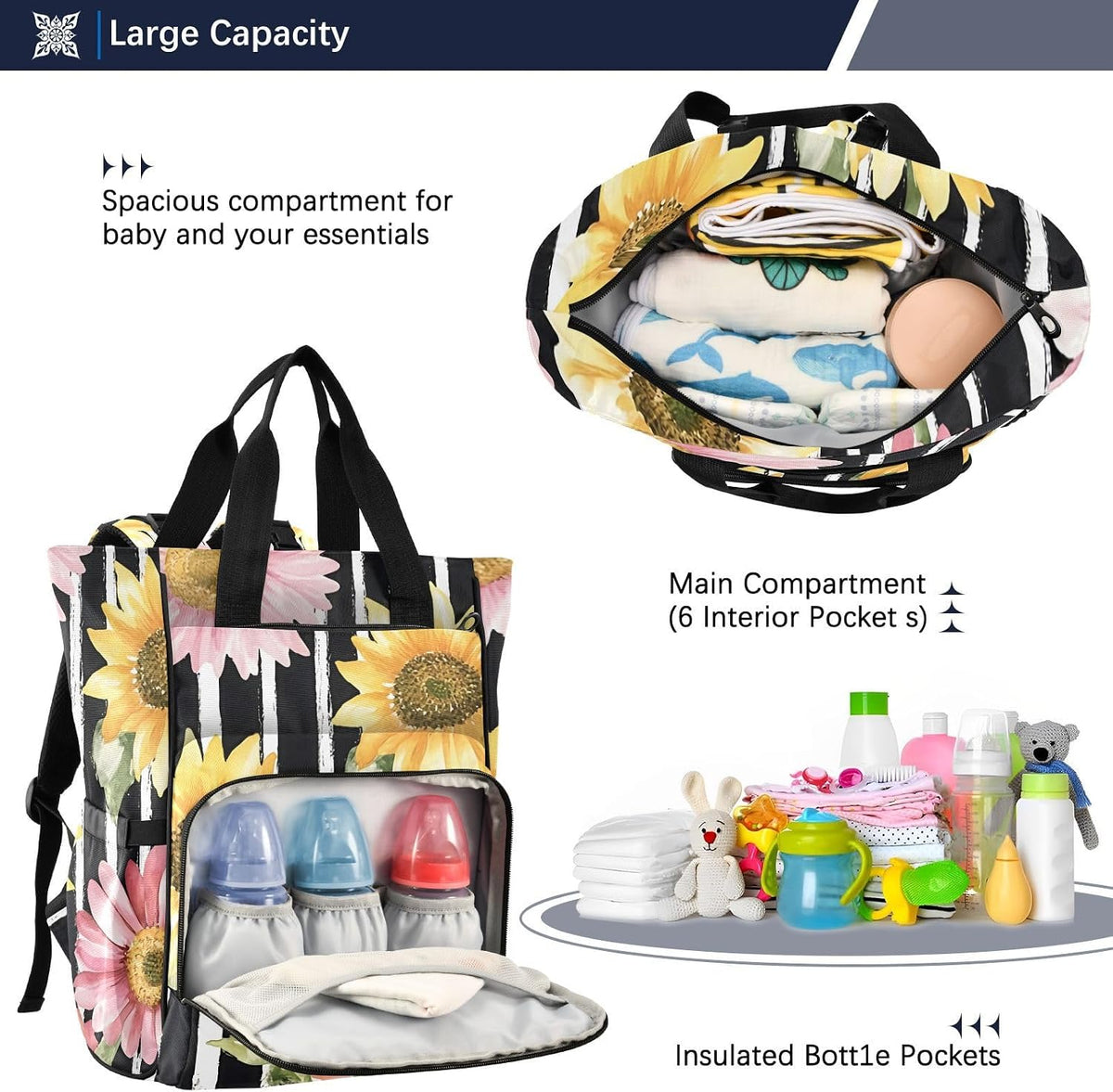 Diaper Bag Backpack, Multifunction Travel Bag for Moms Dads, Baby Changing Bag with Insulted Pockets, Stroller Straps and Side Bottle Pockets Floral Stripe Pattern