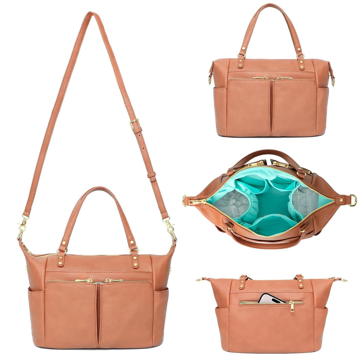 Small Diaper Bag, Mini Diaper Tote, Leather Diaper Bag Purse, Crossbody Baby Bag with 13 Pockets, Diaper Clutch for Women Mom, 2 Insulated Pockets(Brown)