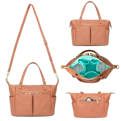 Small Diaper Bag, Mini Diaper Tote, Leather Diaper Bag Purse, Crossbody Baby Bag with 13 Pockets, Diaper Clutch for Women Mom, 2 Insulated Pockets(Brown)