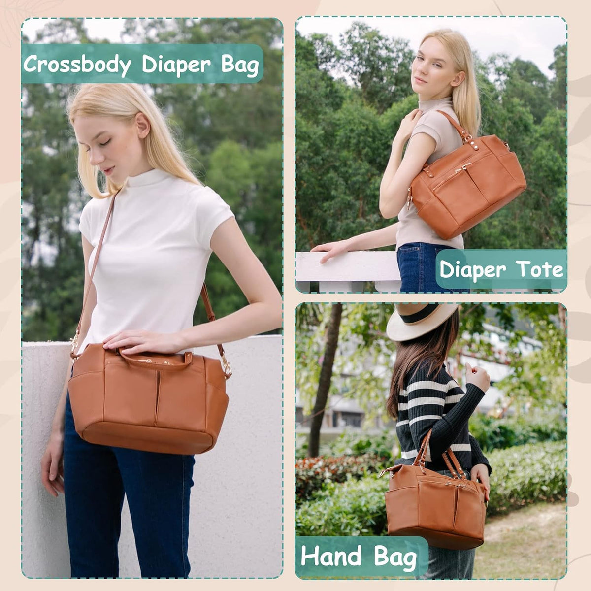 Small Diaper Bag, Mini Diaper Tote, Leather Diaper Bag Purse, Crossbody Baby Bag with 13 Pockets, Diaper Clutch for Women Mom, 2 Insulated Pockets(Brown)