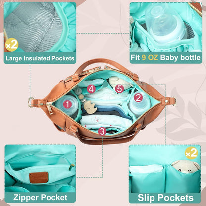 Small Diaper Bag, Mini Diaper Tote, Leather Diaper Bag Purse, Crossbody Baby Bag with 13 Pockets, Diaper Clutch for Women Mom, 2 Insulated Pockets(Brown)