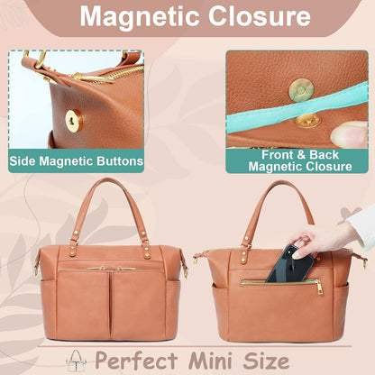 Small Diaper Bag, Mini Diaper Tote, Leather Diaper Bag Purse, Crossbody Baby Bag with 13 Pockets, Diaper Clutch for Women Mom, 2 Insulated Pockets(Brown)