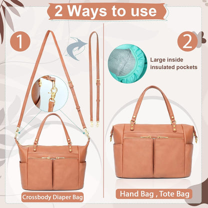 Small Diaper Bag, Mini Diaper Tote, Leather Diaper Bag Purse, Crossbody Baby Bag with 13 Pockets, Diaper Clutch for Women Mom, 2 Insulated Pockets(Brown)