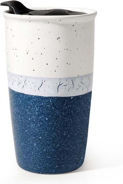Ceramic Travel Mug with Lid, Blue Double Wall Coffee Mug Tumbler, Reusable Tall Cup, Splash Resistant Lid, Dishwasher Microwaveable Safe