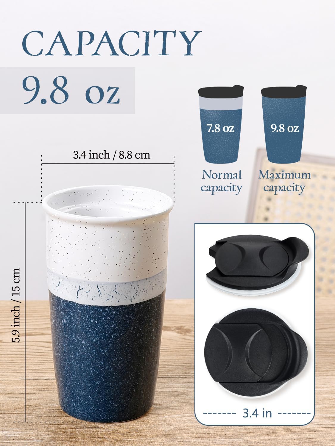 Ceramic Travel Mug with Lid, Blue Double Wall Coffee Mug Tumbler, Reusable Tall Cup, Splash Resistant Lid, Dishwasher Microwaveable Safe
