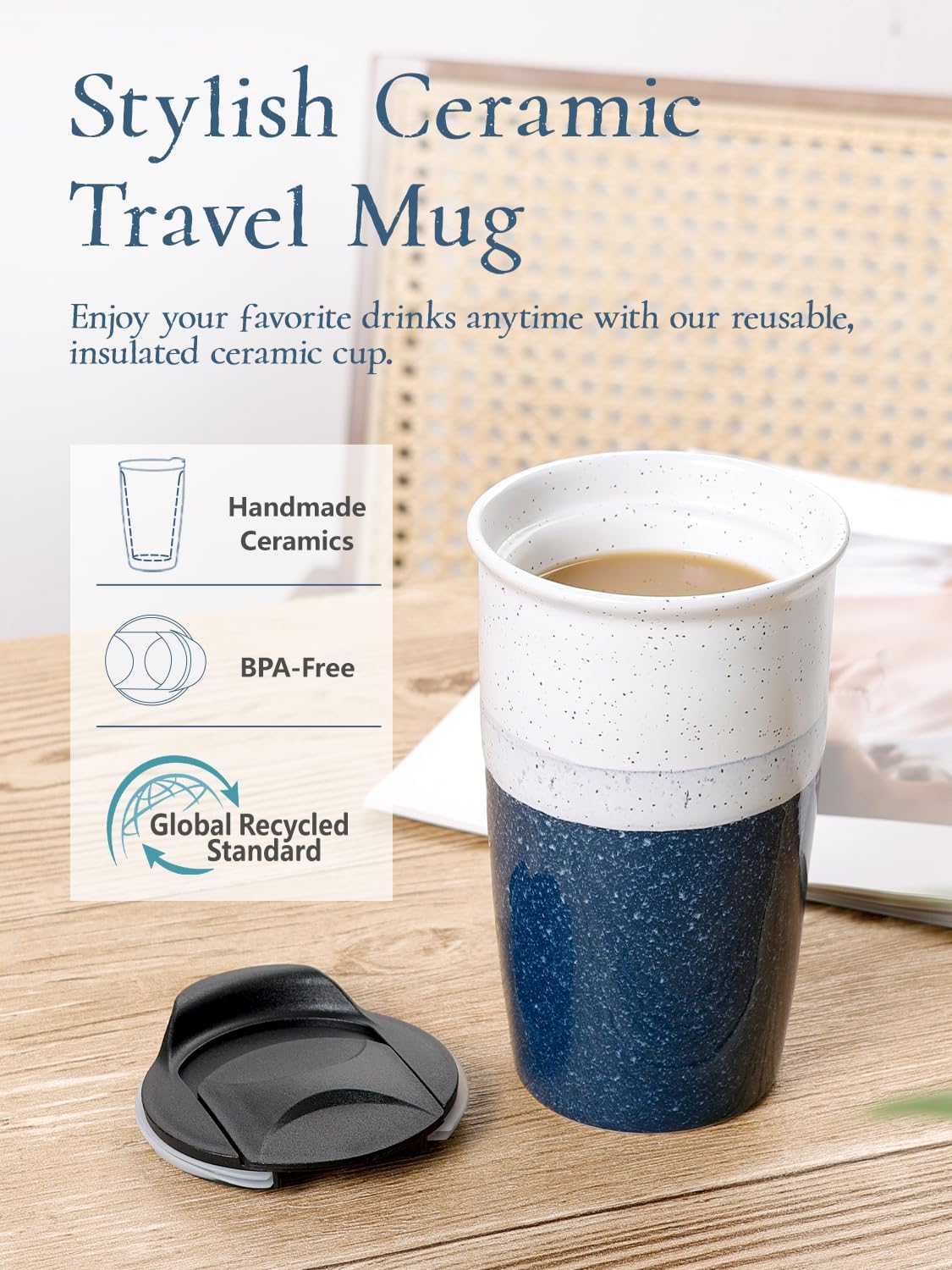 Ceramic Travel Mug with Lid, Blue Double Wall Coffee Mug Tumbler, Reusable Tall Cup, Splash Resistant Lid, Dishwasher Microwaveable Safe