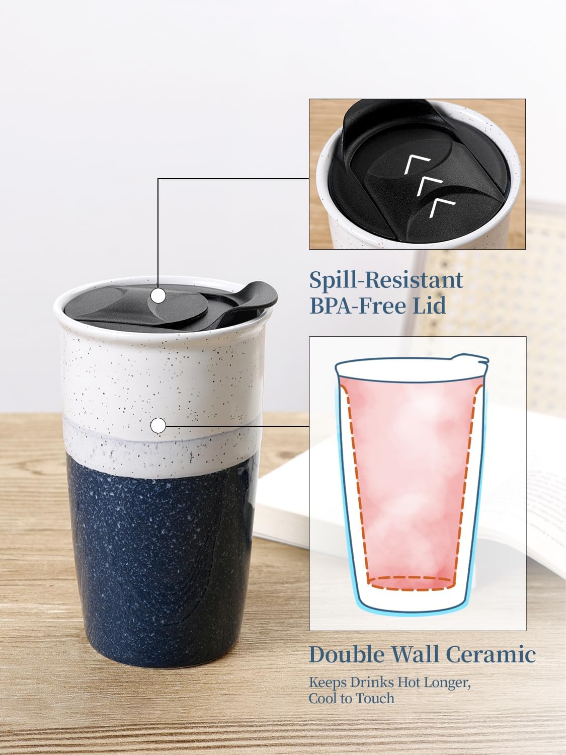 Ceramic Travel Mug with Lid, Blue Double Wall Coffee Mug Tumbler, Reusable Tall Cup, Splash Resistant Lid, Dishwasher Microwaveable Safe