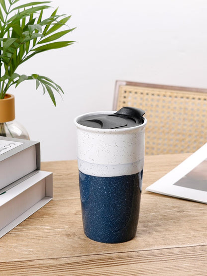 Ceramic Travel Mug with Lid, Blue Double Wall Coffee Mug Tumbler, Reusable Tall Cup, Splash Resistant Lid, Dishwasher Microwaveable Safe