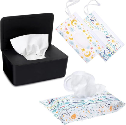 Wipes Dispenser Set,1 Wipe Box & 2 Portable Pouches,White Blue