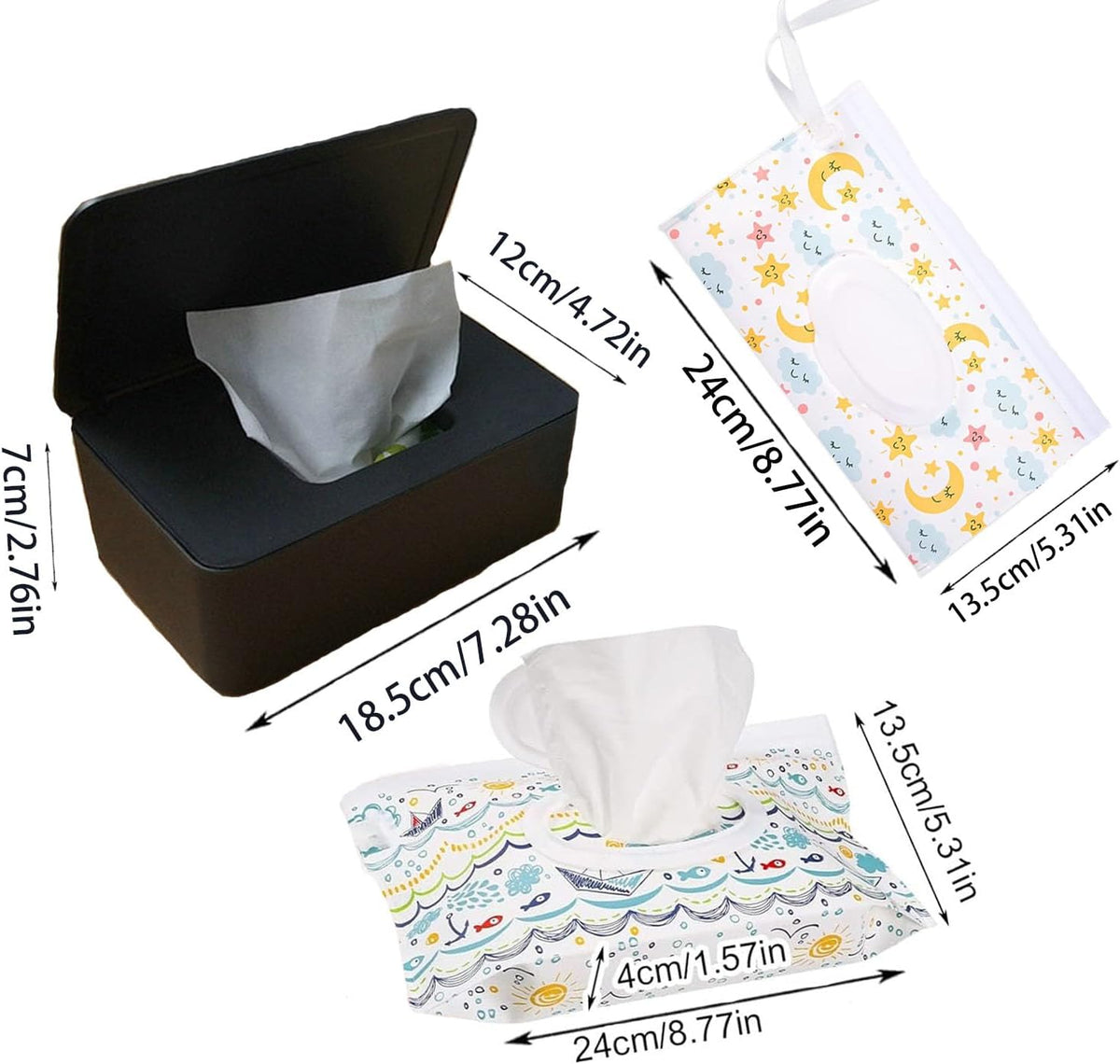 Wipes Dispenser Set,1 Wipe Box & 2 Portable Pouches,White Blue