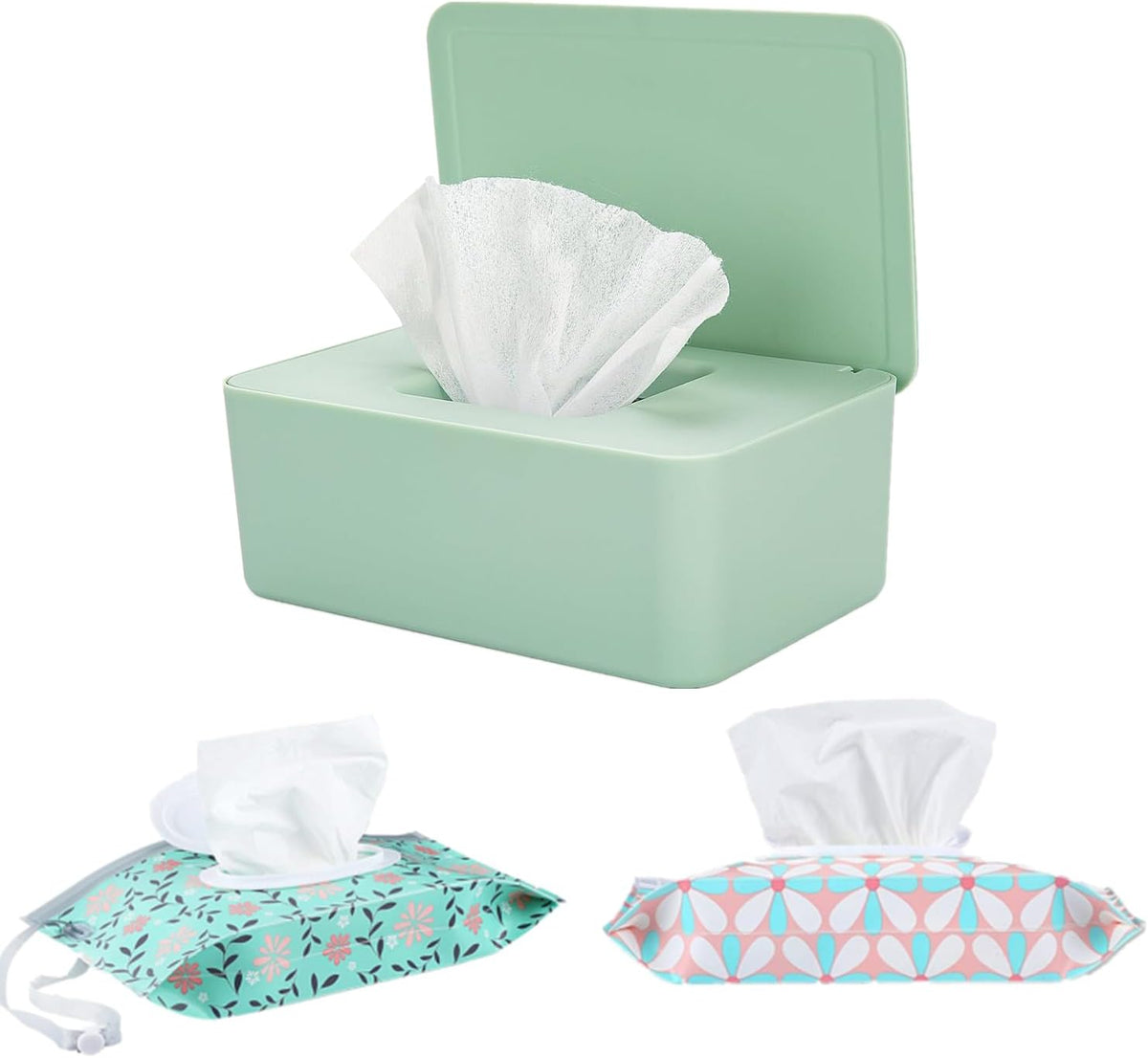 Wipes Dispenser Set,1 Wipe Box & 2 Portable Pouches,White Blue