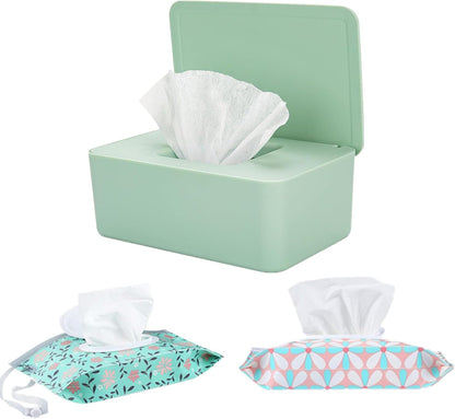 Wipes Dispenser Set,1 Wipe Box & 2 Portable Pouches,White Blue
