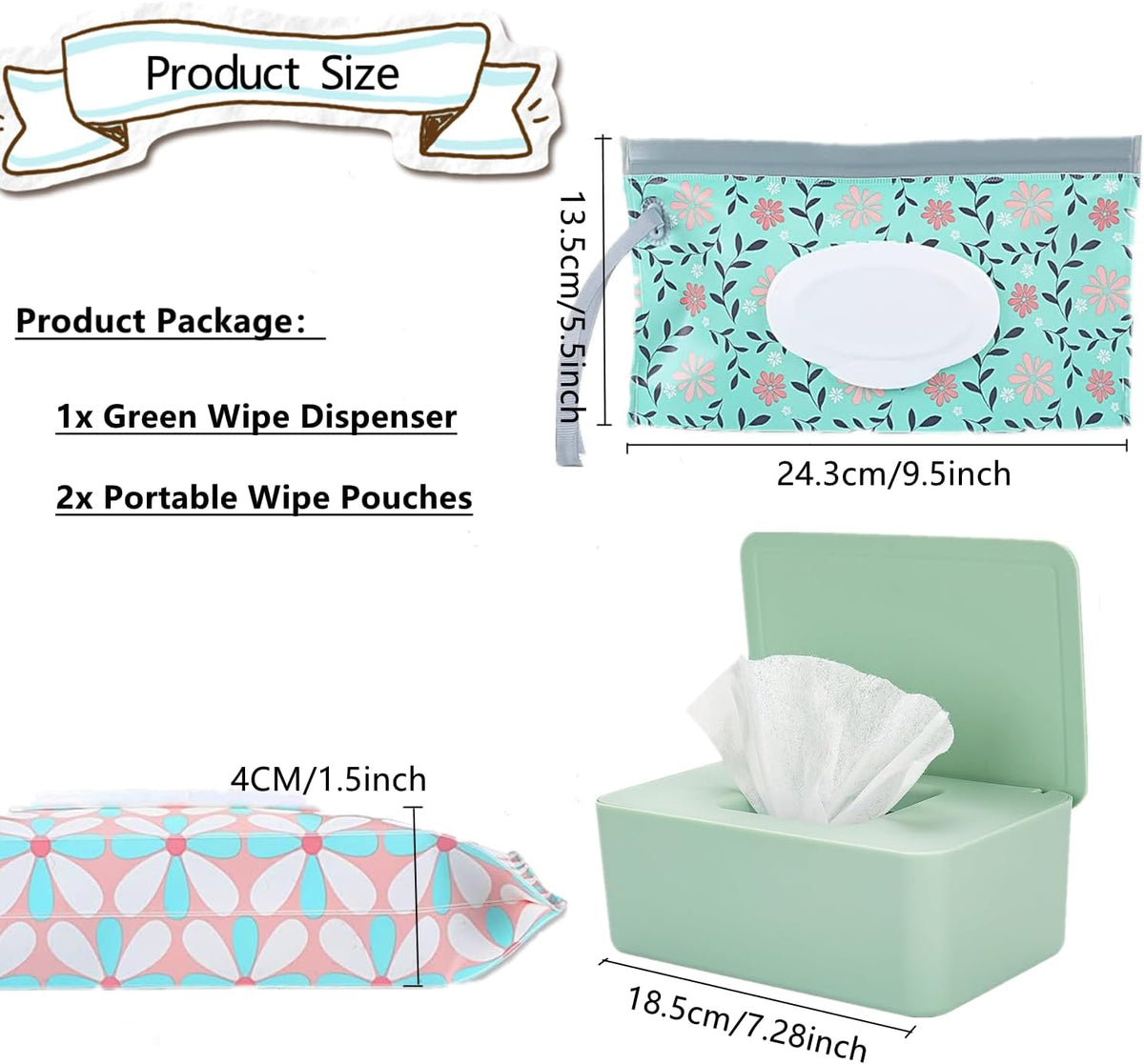Wipes Dispenser Set,1 Wipe Box & 2 Portable Pouches,White Blue