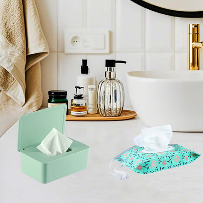 Wipes Dispenser Set,1 Wipe Box & 2 Portable Pouches,White Blue