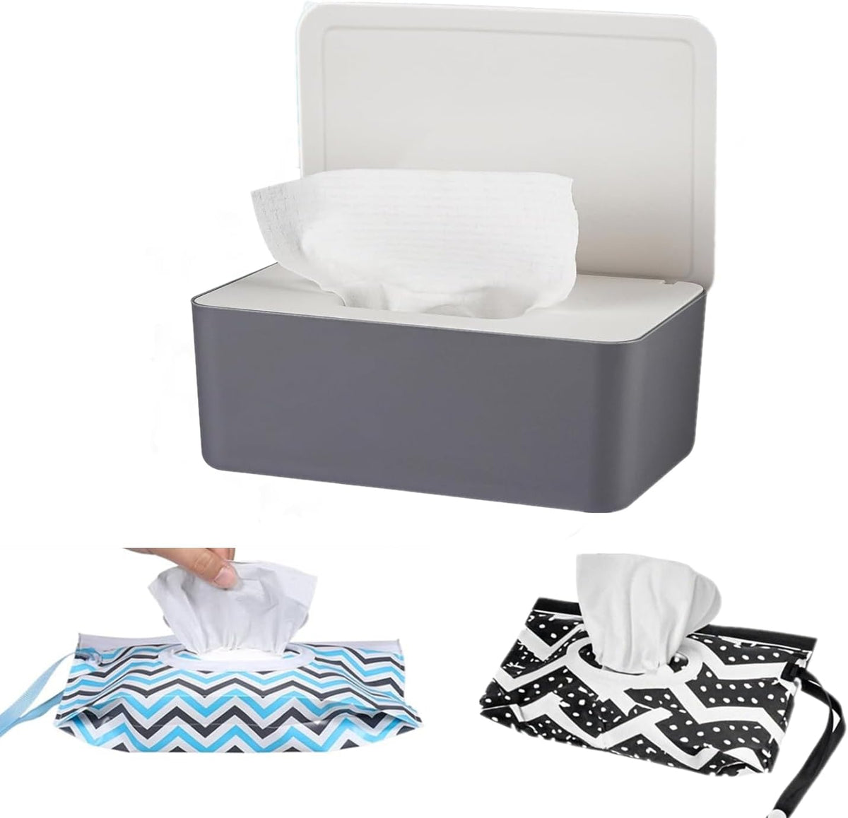 Wipes Dispenser Set,1 Wipe Box & 2 Portable Pouches,White Blue