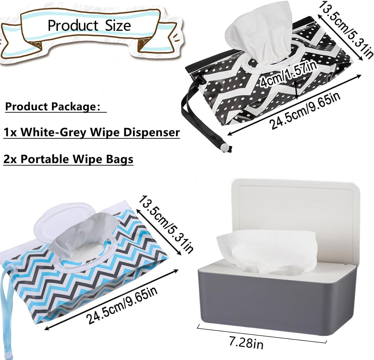 Wipes Dispenser Set,1 Wipe Box & 2 Portable Pouches,White Blue