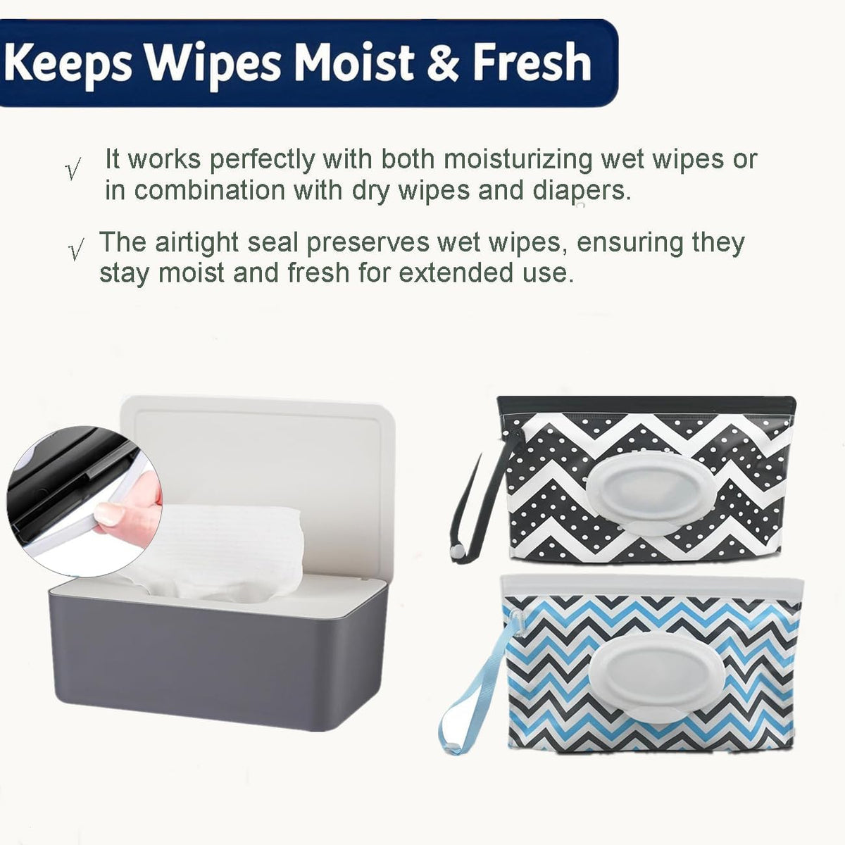 Wipes Dispenser Set,1 Wipe Box & 2 Portable Pouches,White Blue