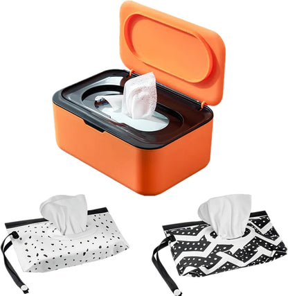 Wipes Dispenser Set,1 Wipe Box & 2 Portable Pouches,White Blue
