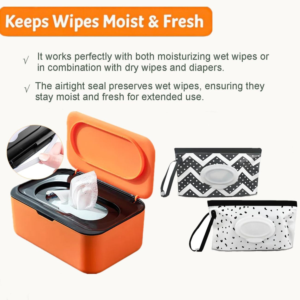 Wipes Dispenser Set,1 Wipe Box & 2 Portable Pouches,White Blue