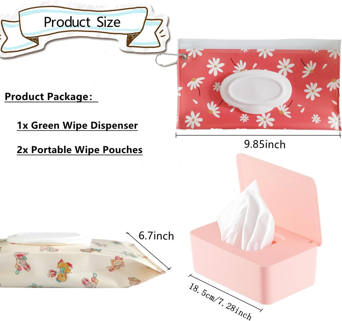 Wipes Dispenser Set,1 Wipe Box & 2 Portable Pouches,White Blue