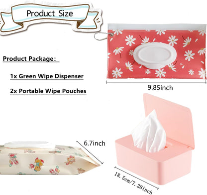 Wipes Dispenser Set,1 Wipe Box & 2 Portable Pouches,White Blue