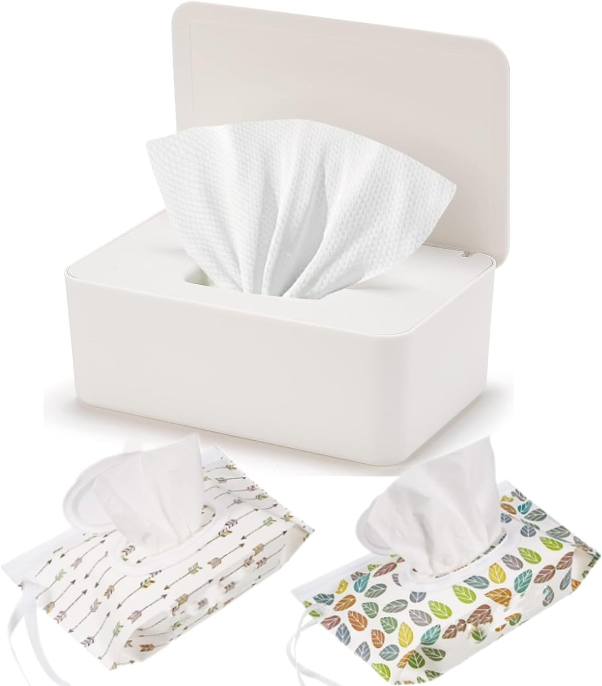 Wipes Dispenser Set,1 Wipe Box & 2 Portable Pouches,White Blue