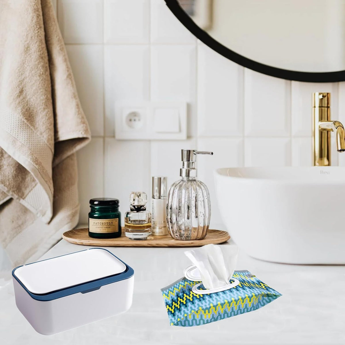 Wipes Dispenser Set,1 Wipe Box & 2 Portable Pouches,White Blue