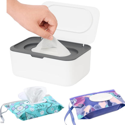 Wipes Dispenser Set,1 Wipe Box & 2 Portable Pouches,White Blue