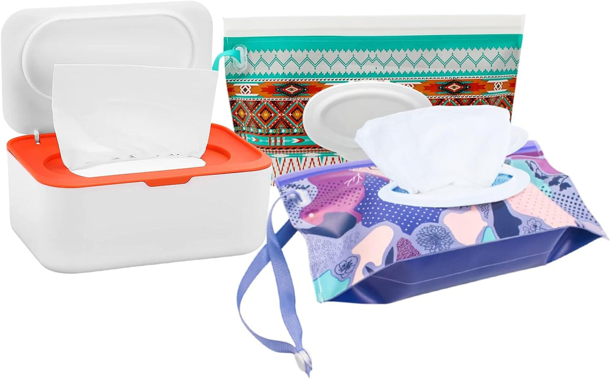 Wipes Dispenser Set,1 Wipe Box & 2 Portable Pouches,White Blue