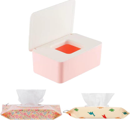 Wipes Dispenser Set,1 Wipe Box & 2 Portable Pouches,White Blue