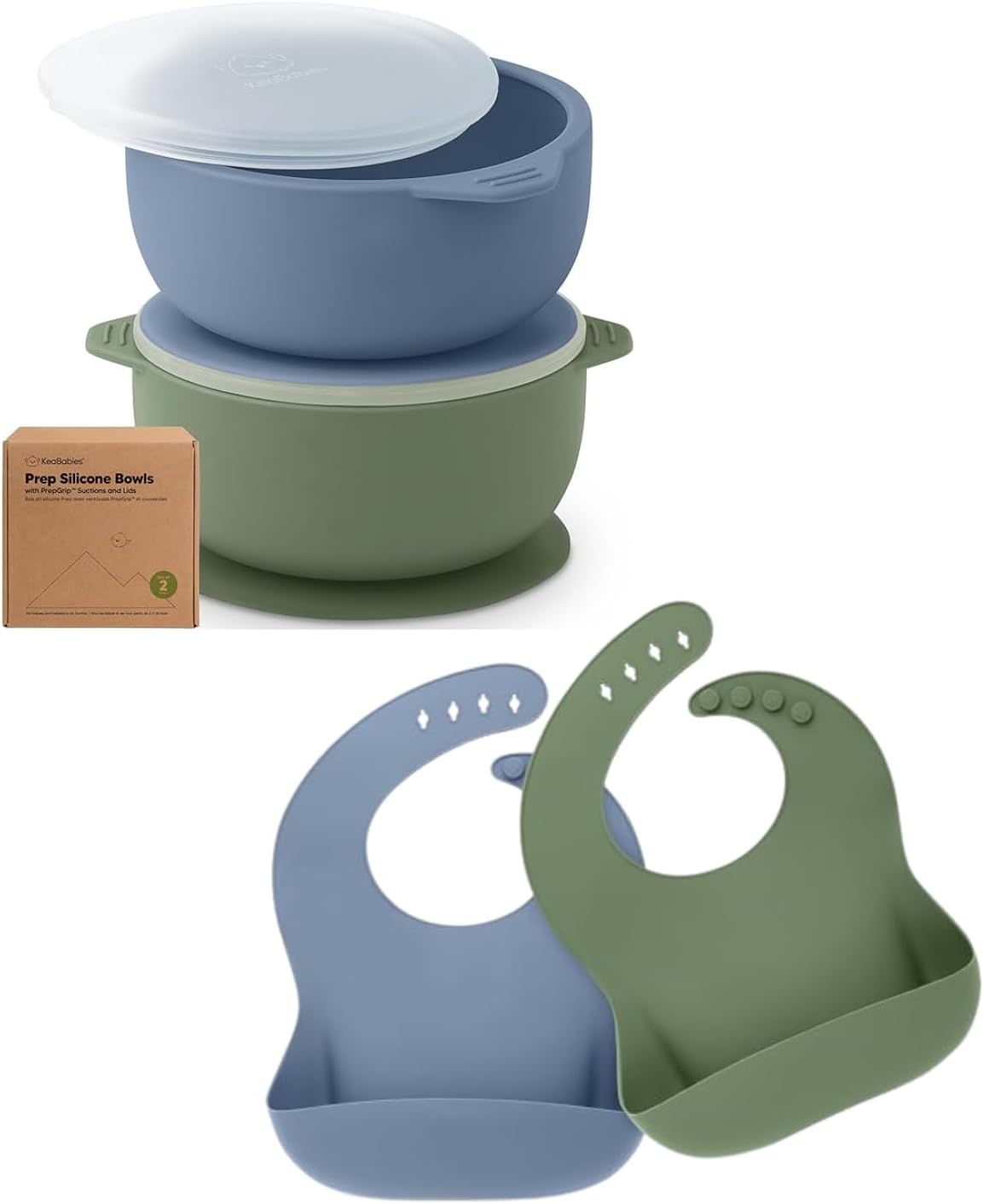 2-Pack Baby Bowls with Suctions, Lids and 2-Pack Baby Silicone Bibs - Silicone Suction Bowls for Baby Boy, Girl, Silicone Bowls BPA-Free - Waterproof, Easy Wipe Silicone Bib for Kids